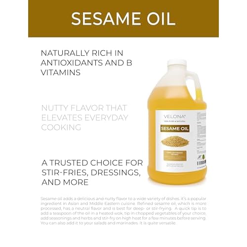 Sesame Seed Oil by Velona - 1 Gallon / 128 Fl Oz | 100% Pure and Natural Carrier Oil | Refined, Expeller Pressed | Cooking, Skin, Hair, Body & Face Moisturizing | Use Today - Enjoy Results
