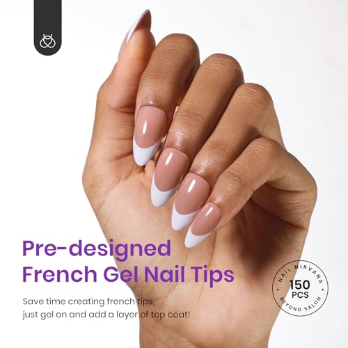 Beetles Pre-French Tips Gel Nail Tips, 4-IN-1 150Pcs Almond Medium Pinkish Brown French Press on Nails Etch X Pre-Primer & Base Coat, No File Need Easy False Nail Tips for Nail Art DIY Design