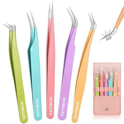 MORGLES 5pcs Eyelash Extension Tweezers High Precision, Straight and Curved Volume Lash Tweezers for Extensions, Crafting, Girls Women Beginners