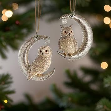 The Bridge Collection Owl Perched on Moon Ornaments- Set of 2 Birds on Crecent Moons - Animal Christmas Ornaments - Lunar Owls Ornaments