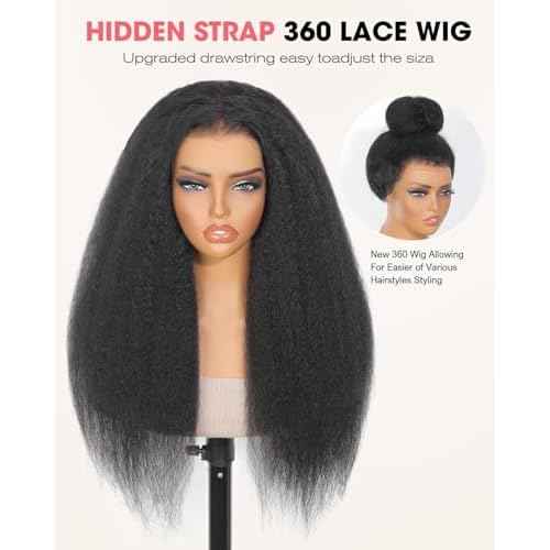 Kinky Straight Hidden Strap Invisi Drawstring 360 HD Full Lace Front Wigs Human Hair Pre Plucked Pre Cut Yaki 200 Density 360 Frontal Glueless Wigs Human Hair for Black Women 16 Inch