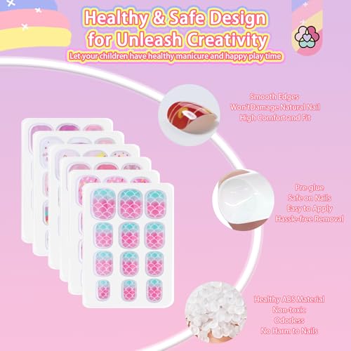 SAVILAND Kids Press On Nails 6 Pack with 3D Stickers - Pre-Glue Full Cover Short Acrylic Tips (Pink Purple Yellow Blue)