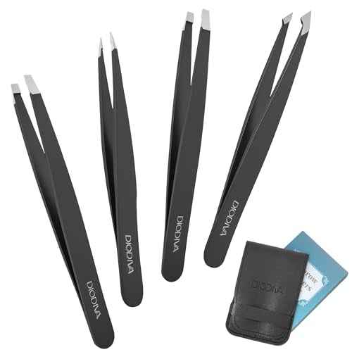 4-Pack Tweezers for Eyebrows, Facial Hair, Ingrown Hair Removal, Tweezer Set with Case for Women and Men, Professional Stainless Steel Precision Eyebrow pinza de cejas Plucking Grooming - Black