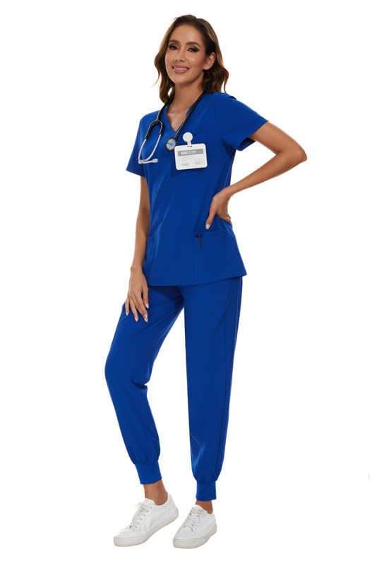 COZYFIT Scrubs for Women Set - Stretch V-Neck Scrub Top & Jogger Pant with 8 Pockets, Yoga Waistband, Anti Wrinkle, Slim Fit Women Scrubs