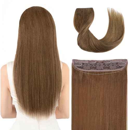Invisible Wire Hair Extensions Real Human Hair - 12 Inch 70G Light Brown Transparent Fish Line Clip-Ins Hair Piece, 100% Remy Human Hair Extensions for Women