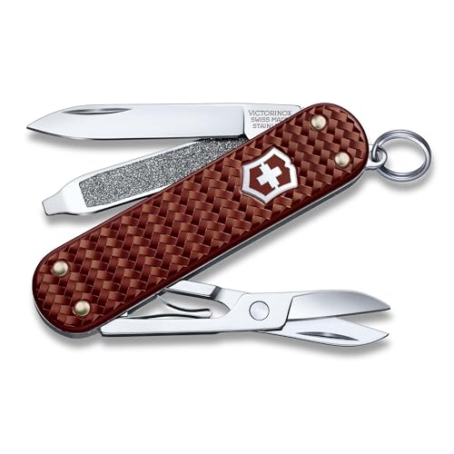 Victorinox Classic SD Precious Alox Swiss Army Knife, Compact 5 Function Swiss Made Pocket Knife with Small Blade, Screwdriver and Key Ring - Hazel Brown