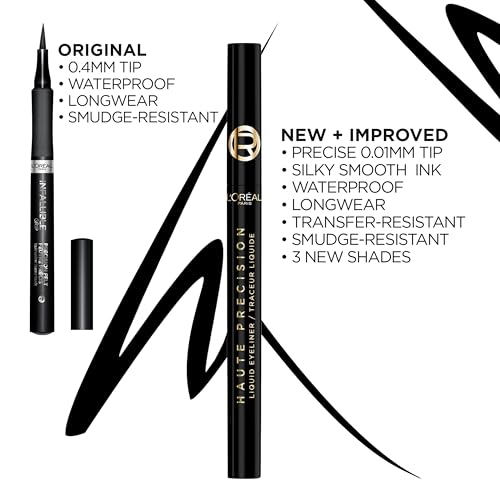 L'Oreal Paris Haute Precision Waterproof Liquid Eyeliner, Smudge-Proof Eye Liner with Micro-Tip, for up to 28HR Eye Makeup Wear, 010 Black Silk