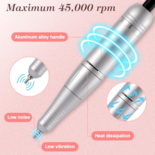 Electric Nail Drill Professional 45000 RPM, White Rechargeable Nail Drill File Machine for Acrylic Gel Nails Polishing Removing, Cordless Efile, Portable Electric Nail File for Manicure Salon Home