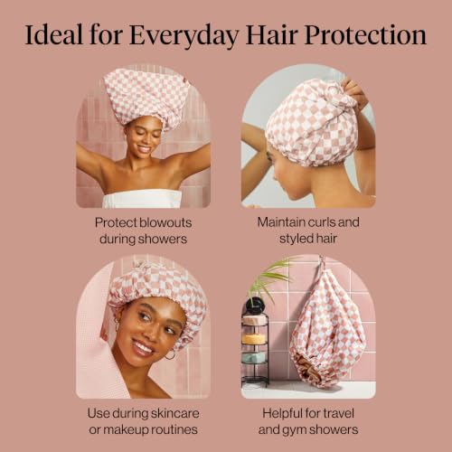 Kitsch Reusable Satin-Lined Flexi Shower Cap - Terracotta Checker