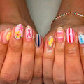 24Pcs Summer Beach Oval Press On Nails with Lemon Flower Stripes