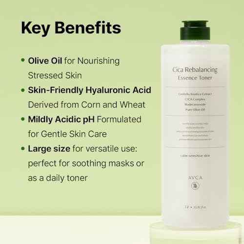 AVCA CICA Rebalancing Essence Facial Toner - Korean Toner with Centella Asiatica for Hydrating & Soothing, ph5.5 Trouble Care, Korean Skin Care (1L/33.8fl.oz.)