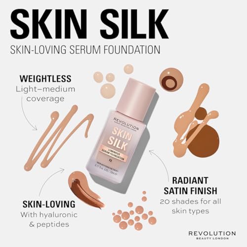 Revolution Skin Silk Radiant Satin Serum Foundation, Lightweight, Buildable Coverage with Hydrating Hyaluronic Acid for a Natural Finish, Vegan & Cruelty-Free, F4 Light Skin Tones, 0.77 fl oz