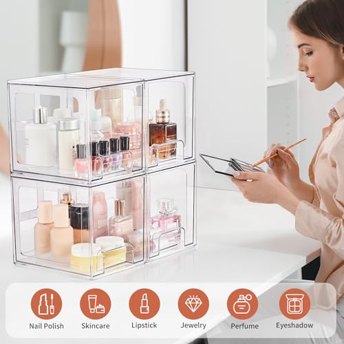 SMARTAKE 4 Pack Stackable Makeup Organizer Drawers, Acrylic Bathroom Organizers, 6.6'' Tall Clear Plastic Storage Drawers for Vanity, Undersink, Kitchen Cabinets, Skincare, Pantry Organization