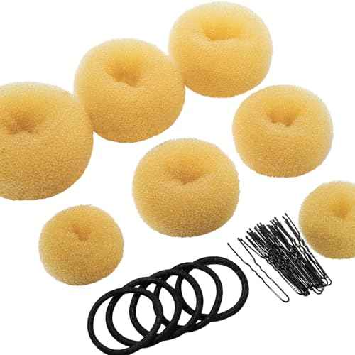 Teenitor Hair Bun Maker Set, 7 Pieces Bun Donuts for Hair(1 Extra-Large, 2 Large, 2 Medium, 2 Small), 5 Elastic Bands, 20 Hair Pins, Gold