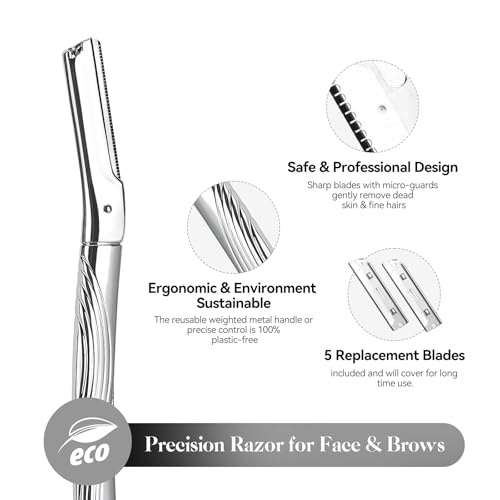 Eyebrow Razor, Face Razors for Women and Men, Reusable Metal Handle with 6 Refill Blades, Eyebrow Trimmer with Precision Cover, Dermaplane Razor, Skin Care Tool - Shiny Silver