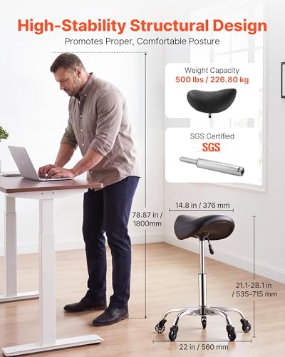 VEVOR Saddle Stool with Wheels, 500 lbs Capacity, Height Adjustable