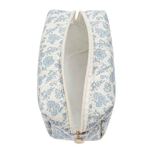Cute Floral Makeup Bag Small Cotton Quilted Cosmetic Bag, Aesthetic Essential Bag Emergency Bag Gift for Women Girls Travel Accessories (Blue Floral)