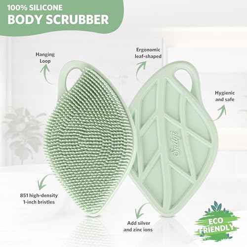 Sndyi Silicone Body Scrubber, Gentle Exfoliating Body Scrubber for Sensitive Skin, Leaf Shaped Shower Scrubber for Body with Lathering Bristles, Silicone Loofah Body Brush for Showering, Green