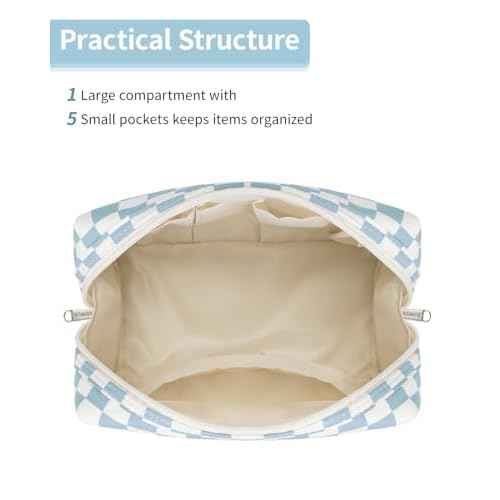 Narwey Checkered Makeup Bag Travel Cosmetic Bag Organizer Toiletry Bag Make Up Bags with Compartments for Women Girls((Large, Sky Blue Checkerboard)