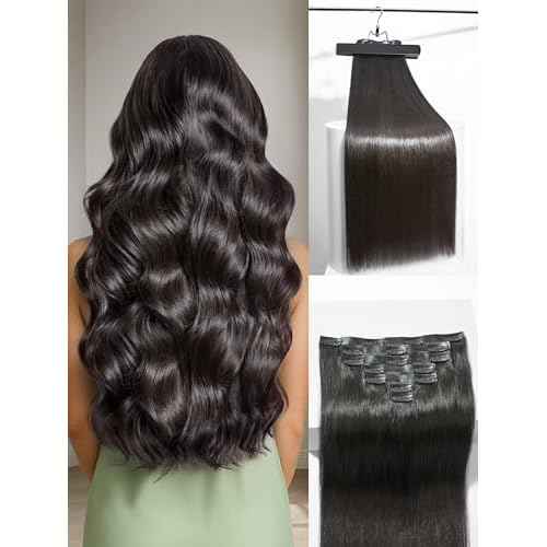 Frodio Clip Ins Hair Extensions Black: Remy Real Human Hair Pu Seamless Silk Long Straight Invisible Full Thick Virgin Brazilian Jet Black Natural Color Beauty For Women Can Be Body Wave 100g 7 Piece