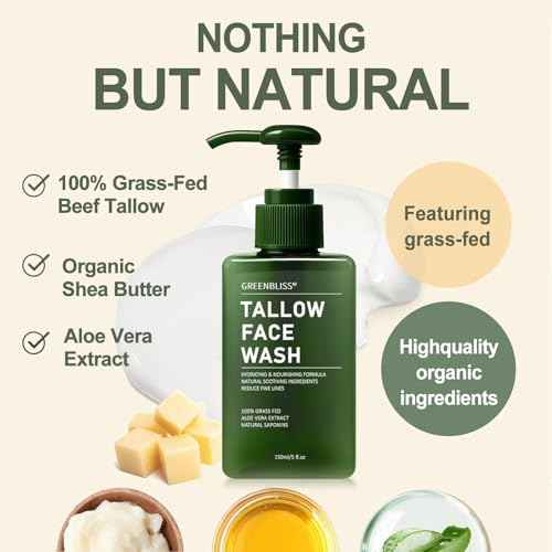 Beef Tallow for Skin Face Wash Grass Fed Beef Tallow Hydrating Facial Cleanser Skincare, Women Skin Care Tallow Gentle Face Cleanser Moisturizer, Face Exfoliating Face Wash, 5.07 FL. oz.