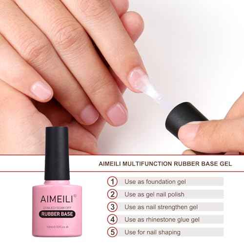 AIMEILI Hema Free Rubber Base Gel For Nails, Soak Off U V LED Clear Sheer Gel Nail Polish, 4 in 1 Nail Strengthen/Enhance/Base Coat/Color Set Of 6pcs X 10ml - Kit 45