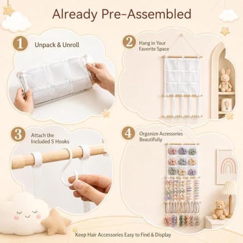 Large Headbands & Bows Organizer Wall Hanger – Pre-assembled Baby Hair Accessory Holder