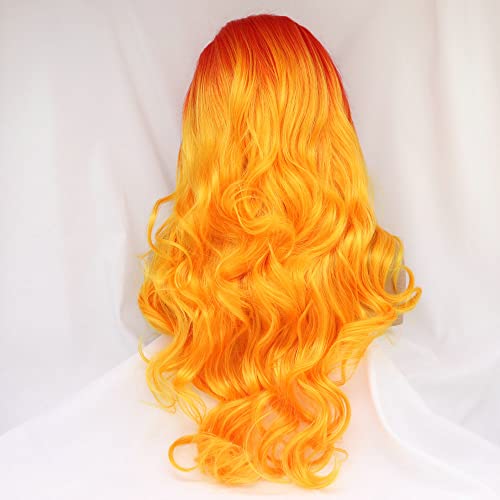 24" Bright Red Orange Ombre Color Wig Heat Resistant Synthetic Lace Front Wigs for Women Flame Red Female Cosplay Party Wigs Drag Queen