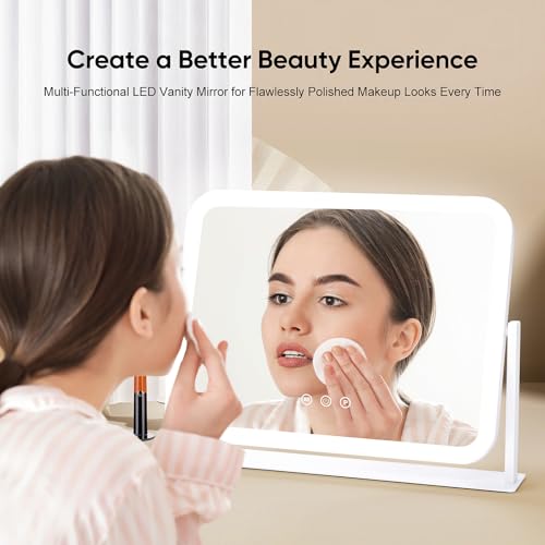 Vanity Mirror with LED Lights, 17.4x13.5 Inch Professional Makeup Mirror, 3 Color Modes & Adjustable Brightness, 5X Magnifying Mirror, Smart Touch Control, 360¡Æ Rotation