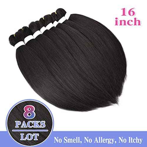 8 Pack Pre Stretched Extensions - 16" Premium Braiding Hair, 55G/Pack, Itch-Free, Hot Water Setting, Perm Yaki Texture (#1B)
