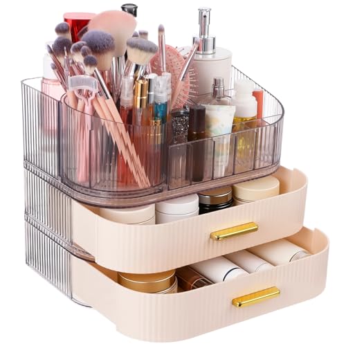 3 Tiers Makeup Organizer with Drawers, Makeup Holder 360¡Æ Rotating Brush Holder, Large Capacity Cosmetic Storage with Clear Top Slots, Vanity Organizer for Skincare Perfume Lipstick Jewelry