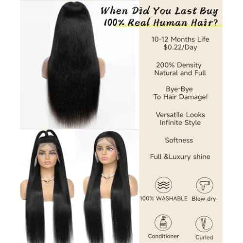 Sealusa 30 Inch 13x6 Lace Front Wigs Human Hair Real 100% Virgin Hair Can Last 6-9 Months Life Straight Human Hair Wig 200% Density Soft Silky Smooth HD Lace Frontal Wigs Tangle-Free Natural Black