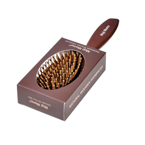 Maji Mama Handmade Wooden Cushion Hair Brush for Women Men Hairbrush with Bamboo Pins Massage Scalp & Detangling for Curly Thick Long Fine Dry Wet Hair (Oval Shape)