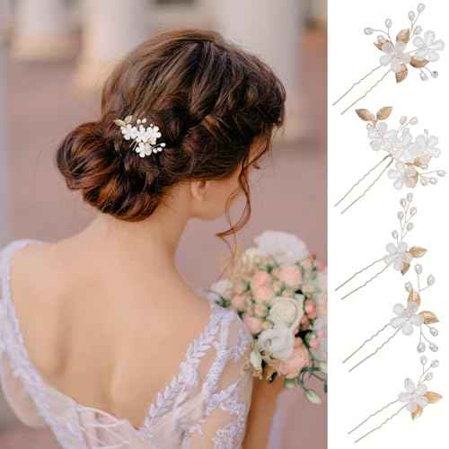 5Pcs Bridal Hair Pins, Peal Flower Hair Pins Gold Wedding Hair Piece Hair Accessories Hair Flowers for Women Girls