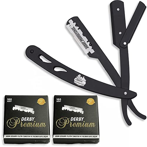 the shave factory Straight Edge Razor Kit - with Single | Stainless Steel razors for men from (Black / 200 Derby Premium Blades)