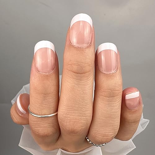 CurvLife Short Square French Tip Press-On Nails, Edge White, Soft Gel, Natural Variation