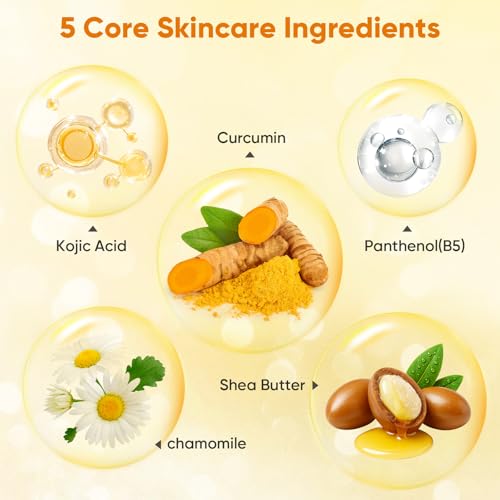 Treeroot 4Pcs Turmeric Face Wash Set: 2Pcs 70g Turmeric Kojic Acid Soap & Turmeric Face Wash with Brush & Turmeric Face Scrub Pads, Face & Body Cleanser, Cleansing Mousse for Deep Cleansing