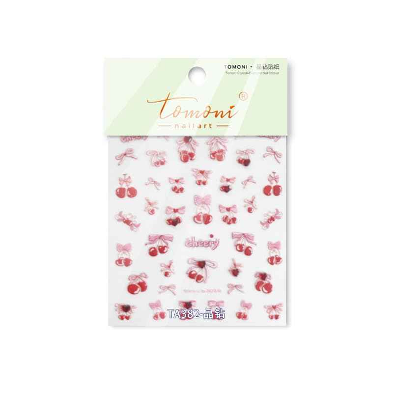 UEYRSEDB Red Cherry Nail Stickers Pink Bow Nail Art Stickers Self-Adhesive Heart Rhinestone Charms Nails Decals Cute Summer Red Cherry Nails Design Summer Pink Bow Supplies for Women Manicure DIY