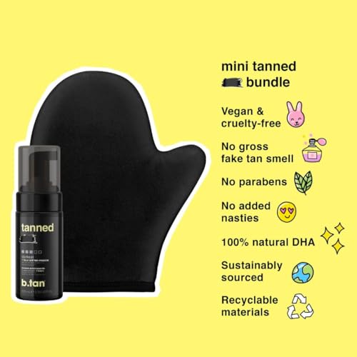 b.tan Travel Size Dark Self Tanner Kit | Get Tanned Mini Bundle - Dark Fake Tanning Mousse with Mitt Applicator, 1 Hour Express Sunless Foam, Best Fast Bronzing Glow, Vegan, Cruelty Free, 3 Fl Oz