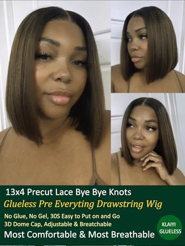 KLAIYI Ombre Brown Yaki Straight Bob Wig Human Hair 14" Glueless