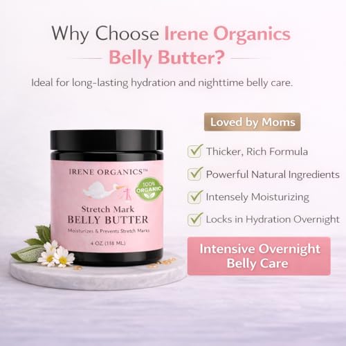 Irene Organics Organic Belly Butter for Pregnancy Stretch Mark Prevention and Treatment Award Winning Anti Stretch Mark Tummy Balm For Pregnancy and Postpartum 8oz - Hydrating Bump Cream
