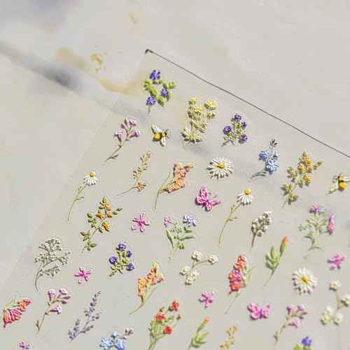 JMEOWIO 3D Embossed Flower Nail Art Stickers Decals Self-Adhesive 5D Spring Summer Floral Nail Supplies Nail Art Design Decoration Accessories 1 Sheets