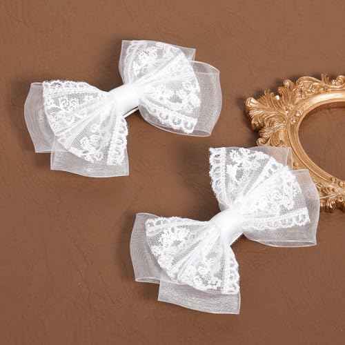 White Mesh Lace Hair Bow Clips Girls 4" Lace Fabric Bowknot Barrettes Alligator Hairpins for Flower Girl Kids Teens Toddler Bride Wedding Communion Pageant Party Dress Accessories Gift