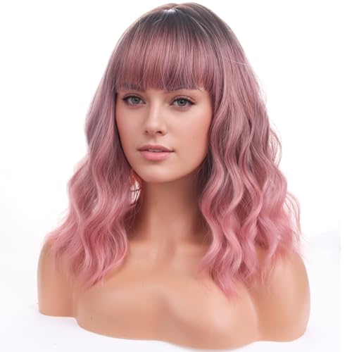 PATTNIUM Ombre Pink Wigs for Women Shoulder Length Curly Short Wavy Bob 12'' Heat-Resistant Synthetic Hair