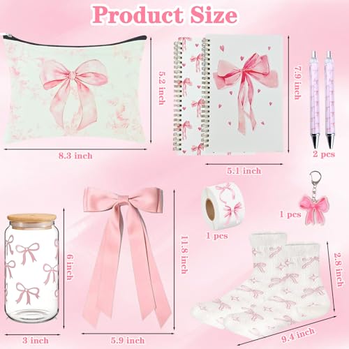 Coquette Pink Bow Stuff Gift Set with Bow Cup, Preppy Makeup Bag, Bow Notebook, Keychain Accessories Bow Themed Presents for Girls Women