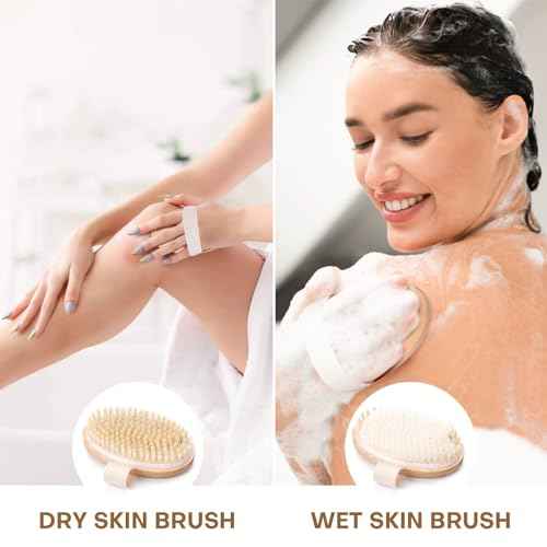 2 Pack Dry Brushing Body Brush, Natural Bristle Exfoliating Brush with Massage Nodes, for Lymphatic Drainage and Improving Skin Health and Reduces Acne