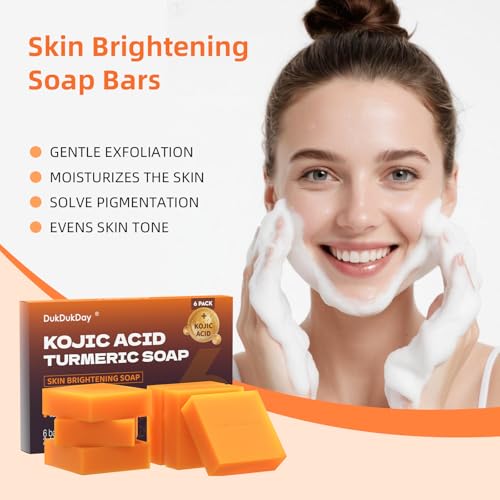 Turmeric Soap Bar Dark Spots for Face & Body, Kojic Acid soap Deep Cleansing, Gentle Soap Sensitive Skin Formula, All Skin Types 60g x 6 Bars