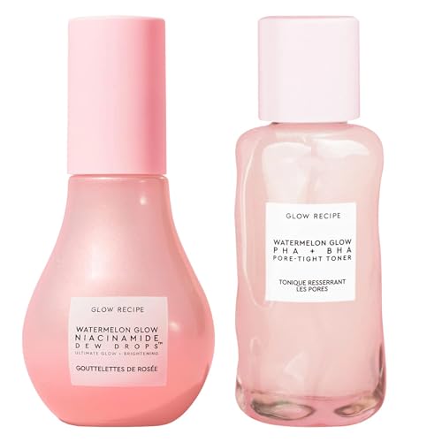 Glow Recipe Niacinamide Dew Drops Facial Serum & Illuminating Makeup Primer (40 ml) + Mini Watermelon Glow PHA + BHA Facial Toner & Pore Minimizer with Hyaluronic Acid (40 ml)