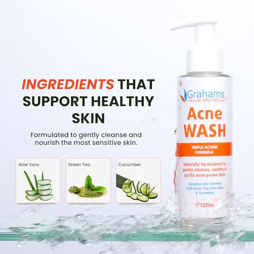 Grahams Natural All-Natural Acne Face Wash Gentle Acne Cleanser with Aloe Vera, Cucumber & Green Tea Extract - Reduces Breakouts, Calms Redness, Hydrates Skin - Hypoallergenic (4.23 fl oz)