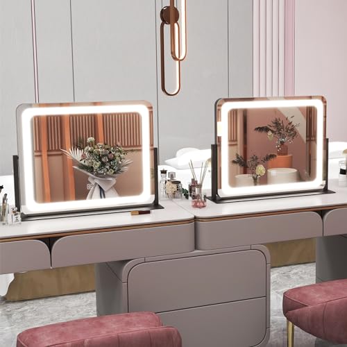 ROLOVE 22x17 Inch Lighted Vanity Mirror with Dimmable LED Lights - 3 Color Modes, Smart Touch Control & 360¡Æ Rotating Base - Desk Makeup Mirror (Black)